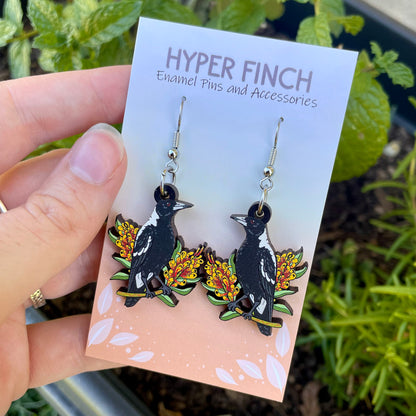 Australian Magpie Wooden Earrings