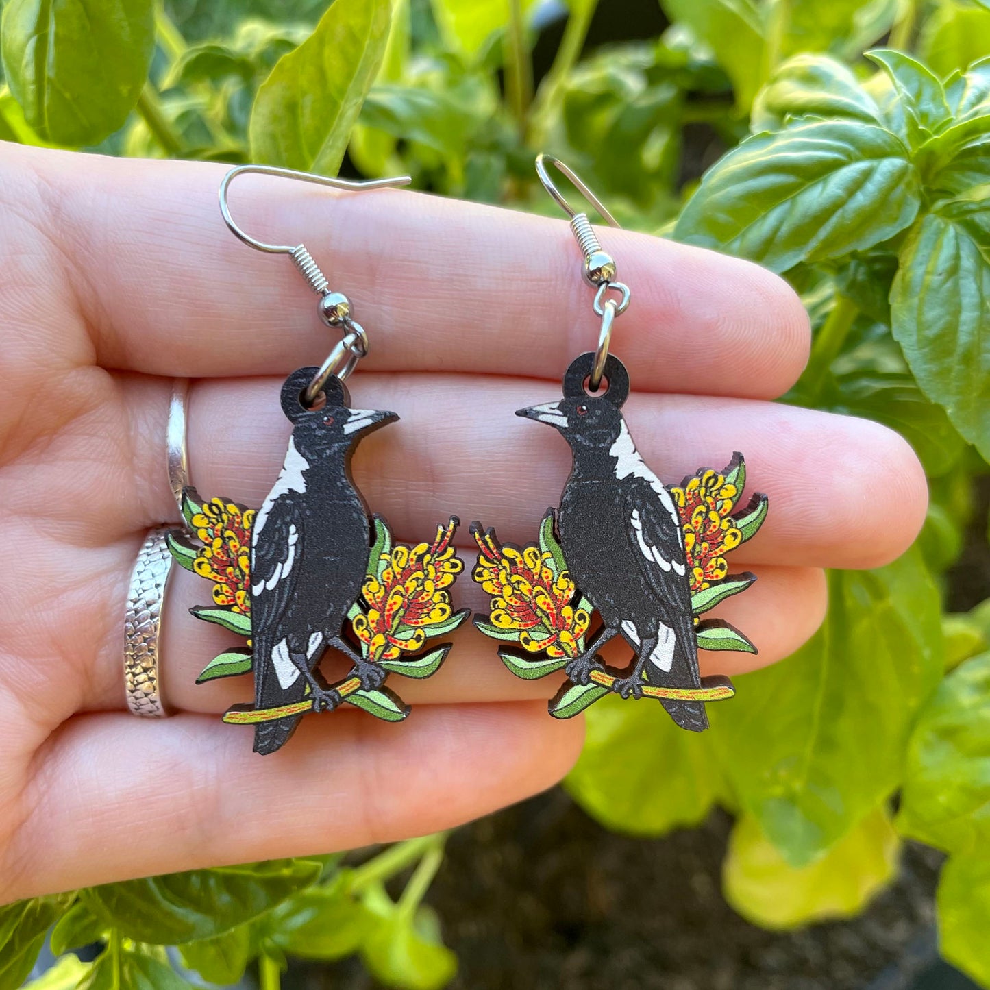 Australian Magpie Wooden Earrings