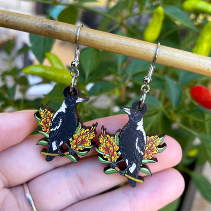 Australian Magpie Wooden Earrings