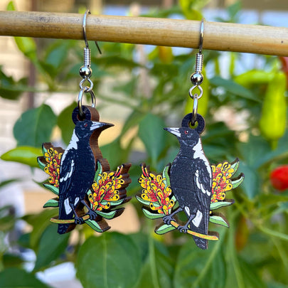 Australian Magpie Wooden Earrings
