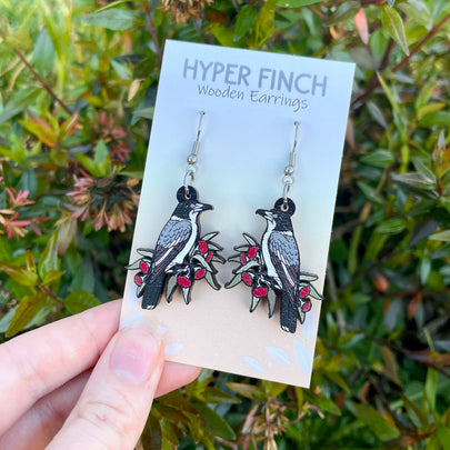 Grey Butcherbird Wooden Earrings