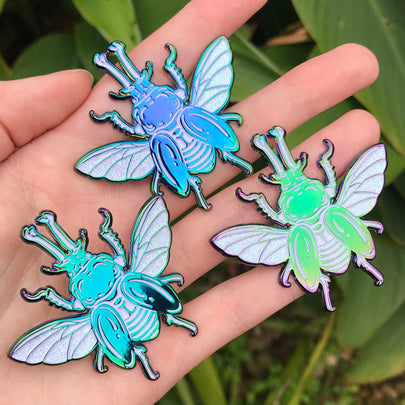 Rainbow Stag Beetle White Enamel Pin