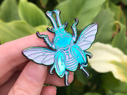 Rainbow Stag Beetle White Enamel Pin