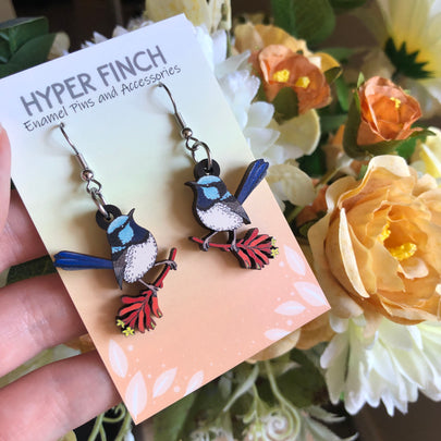 Superb Fairywren Wooden Earrings