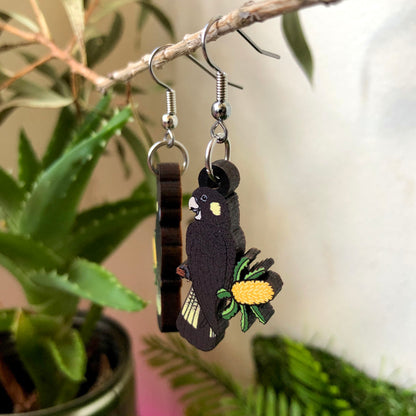 Yellow-tailed Black Cockatoo Wooden Earrings