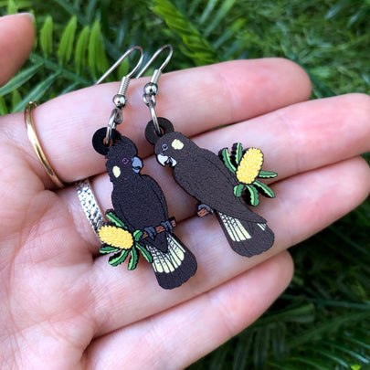 Yellow-tailed Black Cockatoo Wooden Earrings