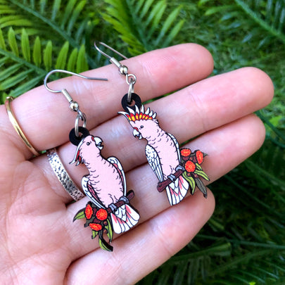 Pink Cockatoo Wooden Earrings