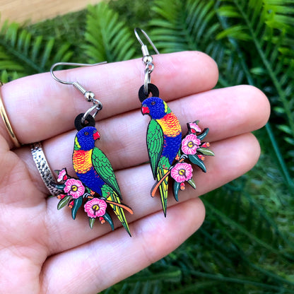 Rainbow Lorikeet Wooden Earrings