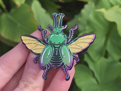 Rainbow Stag Beetle Black Enamel Pin