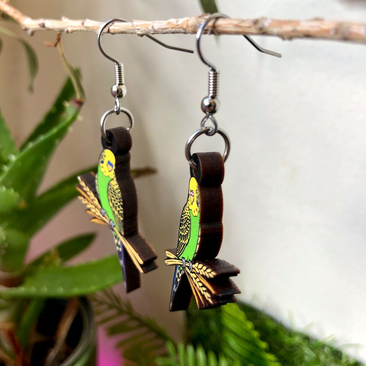 Wild Budgie Wooden Earrings