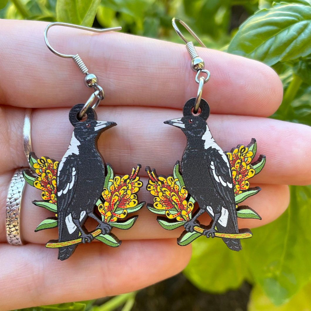 Australian Magpie Wooden Earrings