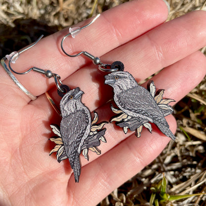 Tawny Frogmouth Wooden Earrings