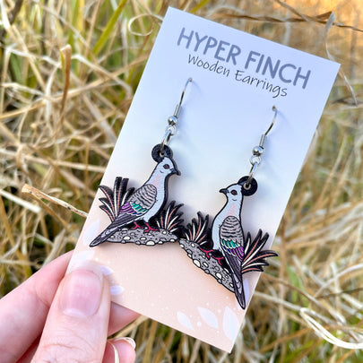 Crested Pigeon Wooden Earrings