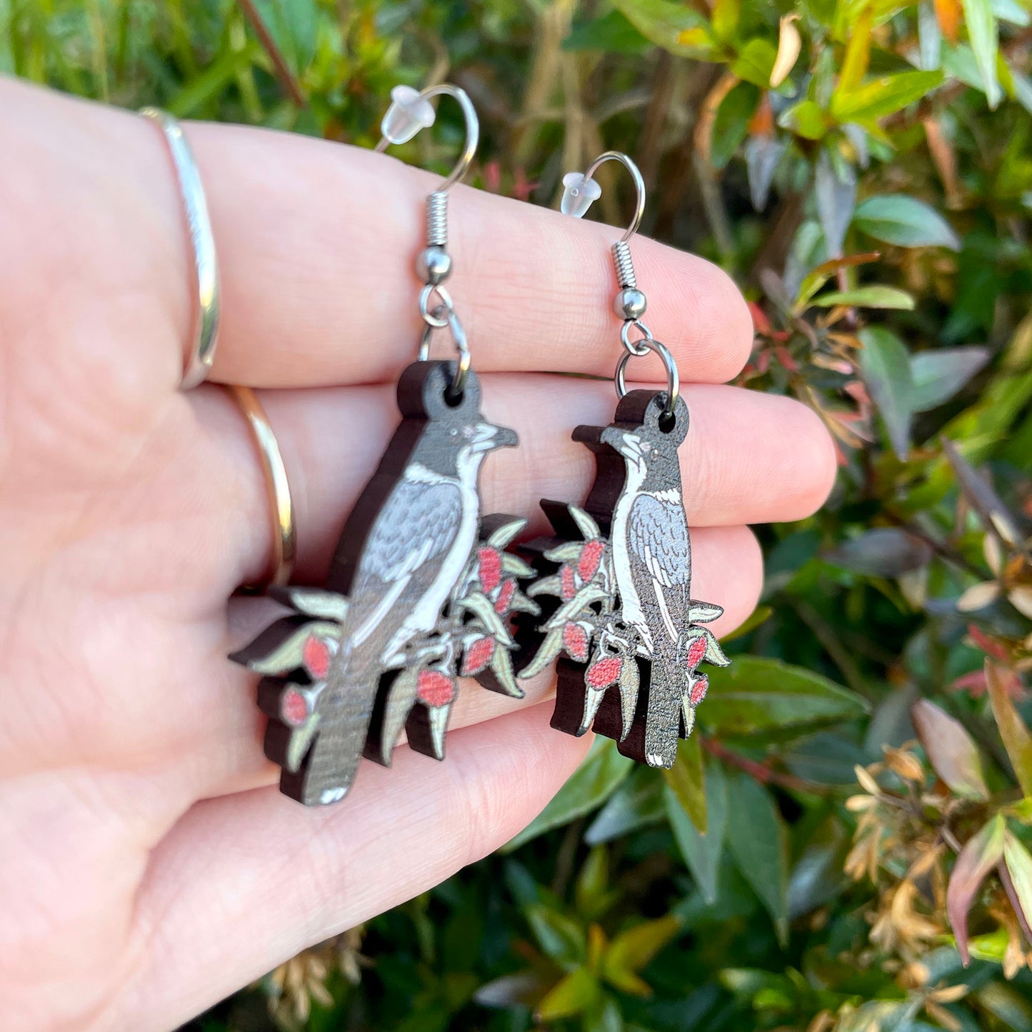 Grey Butcherbird Wooden Earrings