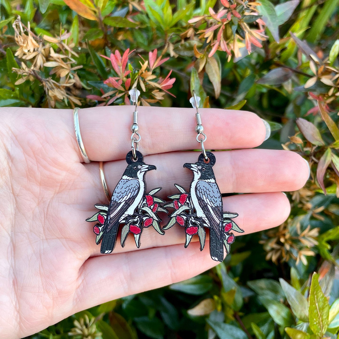 Grey Butcherbird Wooden Earrings