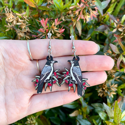 Grey Butcherbird Wooden Earrings