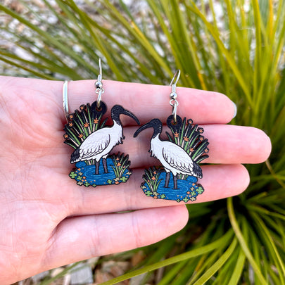 Australian White Ibis Wooden Earrings