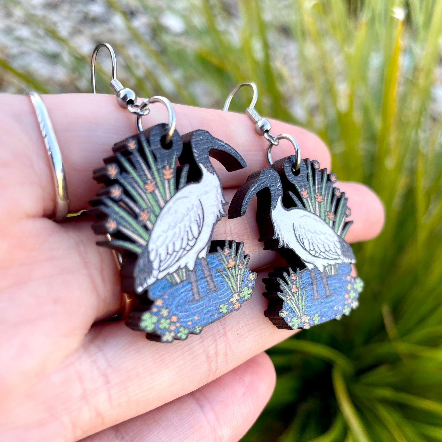 Australian White Ibis Wooden Earrings