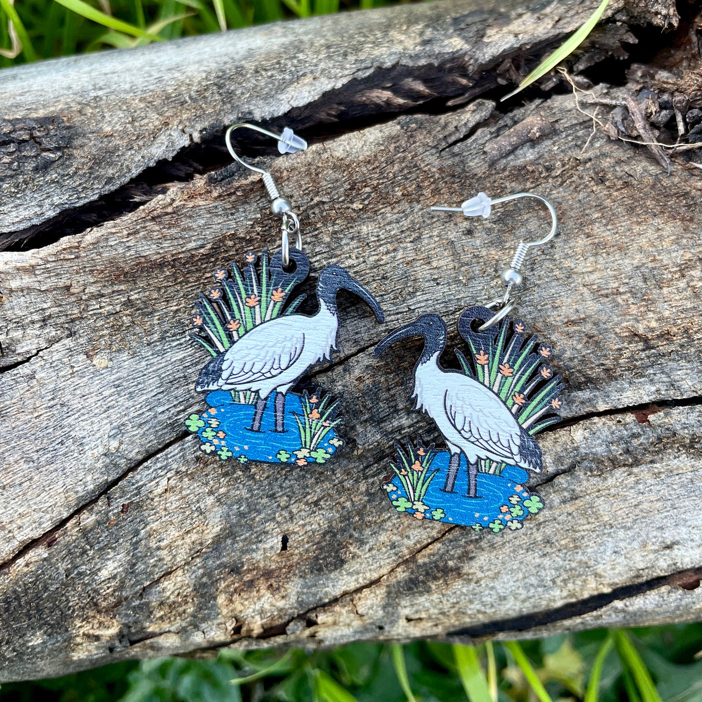 Australian White Ibis Wooden Earrings