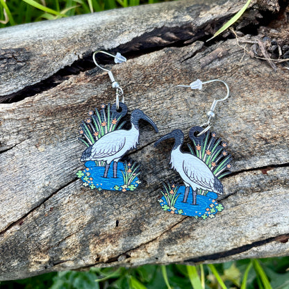 Australian White Ibis Wooden Earrings
