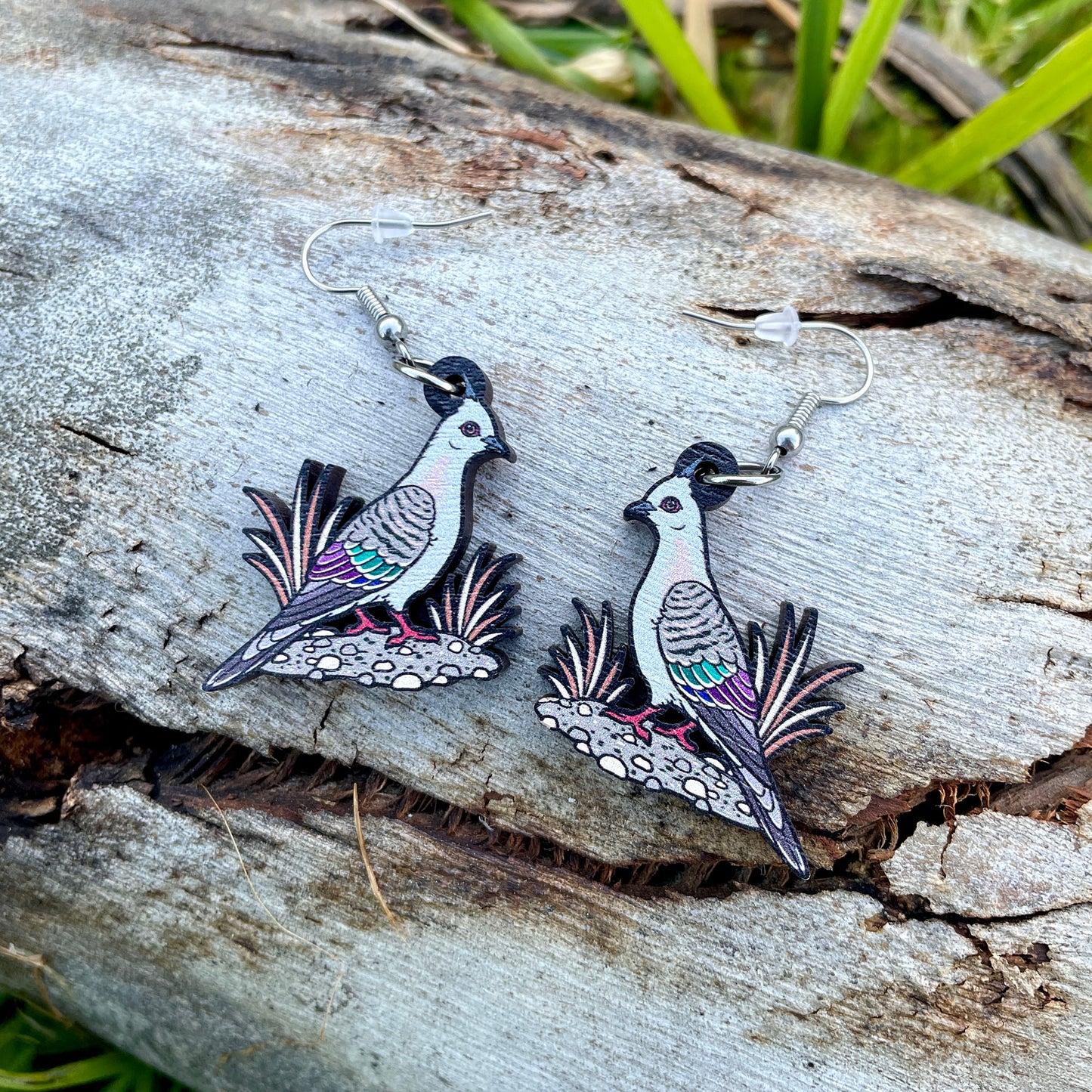 Crested Pigeon Wooden Earrings