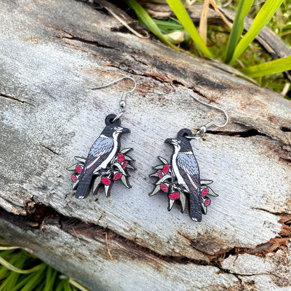 Grey Butcherbird Wooden Earrings