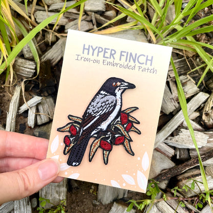 Grey Butcherbird Embroided Iron on Patch