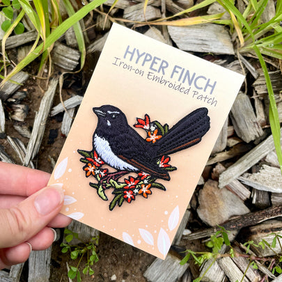 Willie Wagtail Embroided Iron on Patch