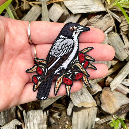 Grey Butcherbird Embroided Iron on Patch