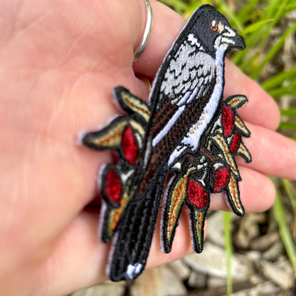 Grey Butcherbird Embroided Iron on Patch