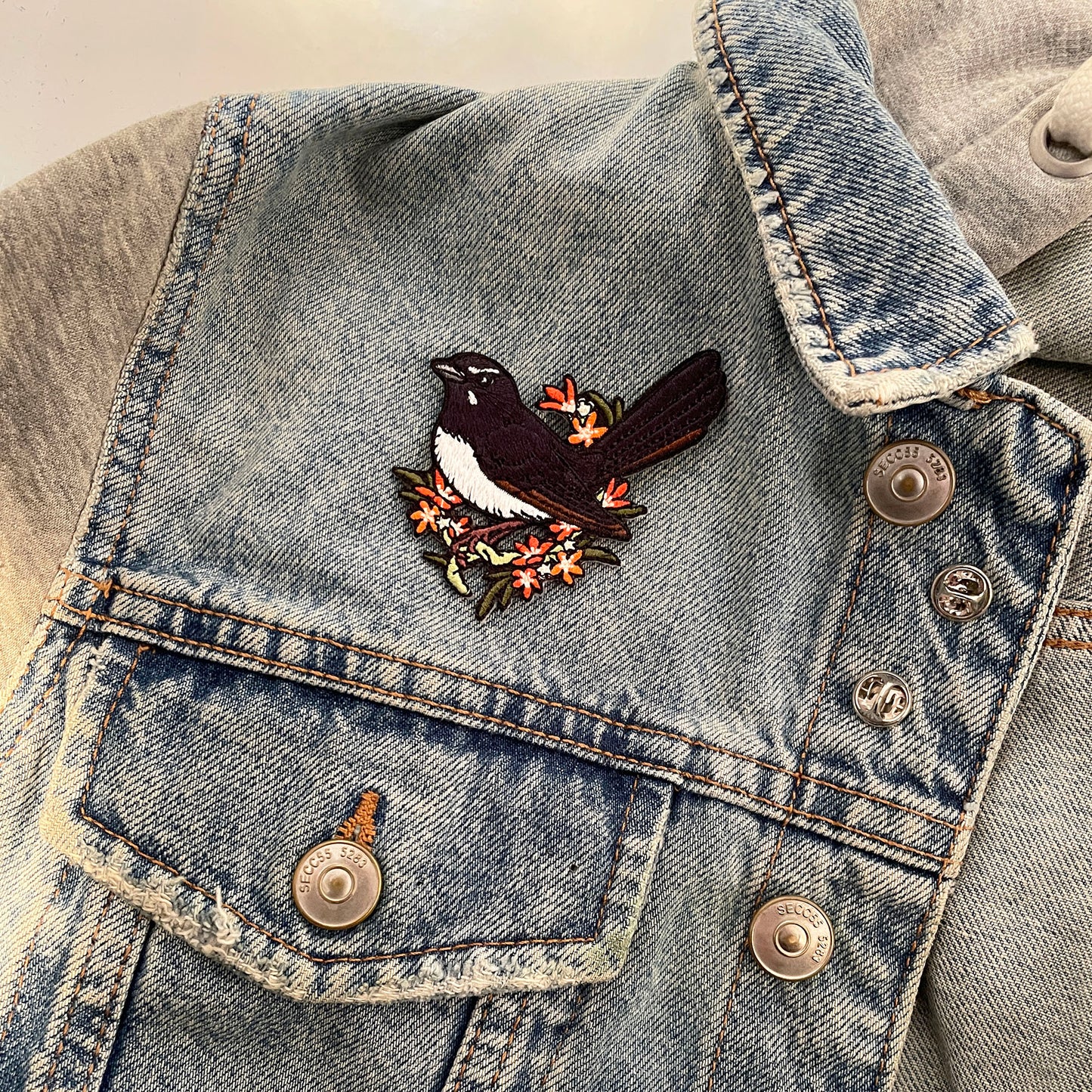 Willie Wagtail Embroided Iron on Patch