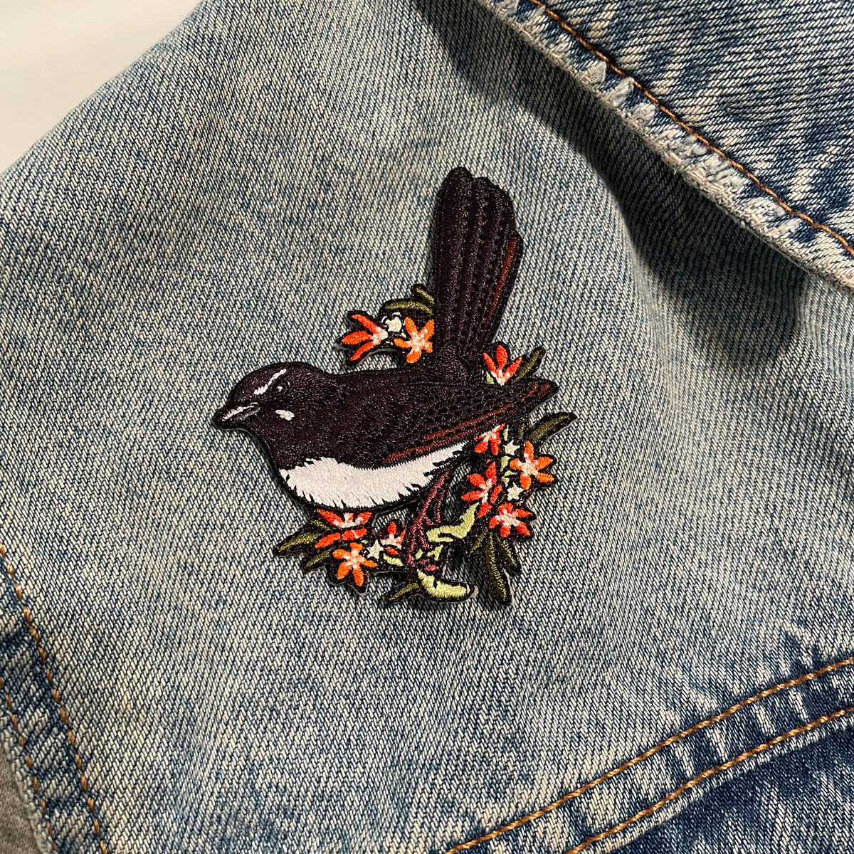 Willie Wagtail Embroided Iron on Patch