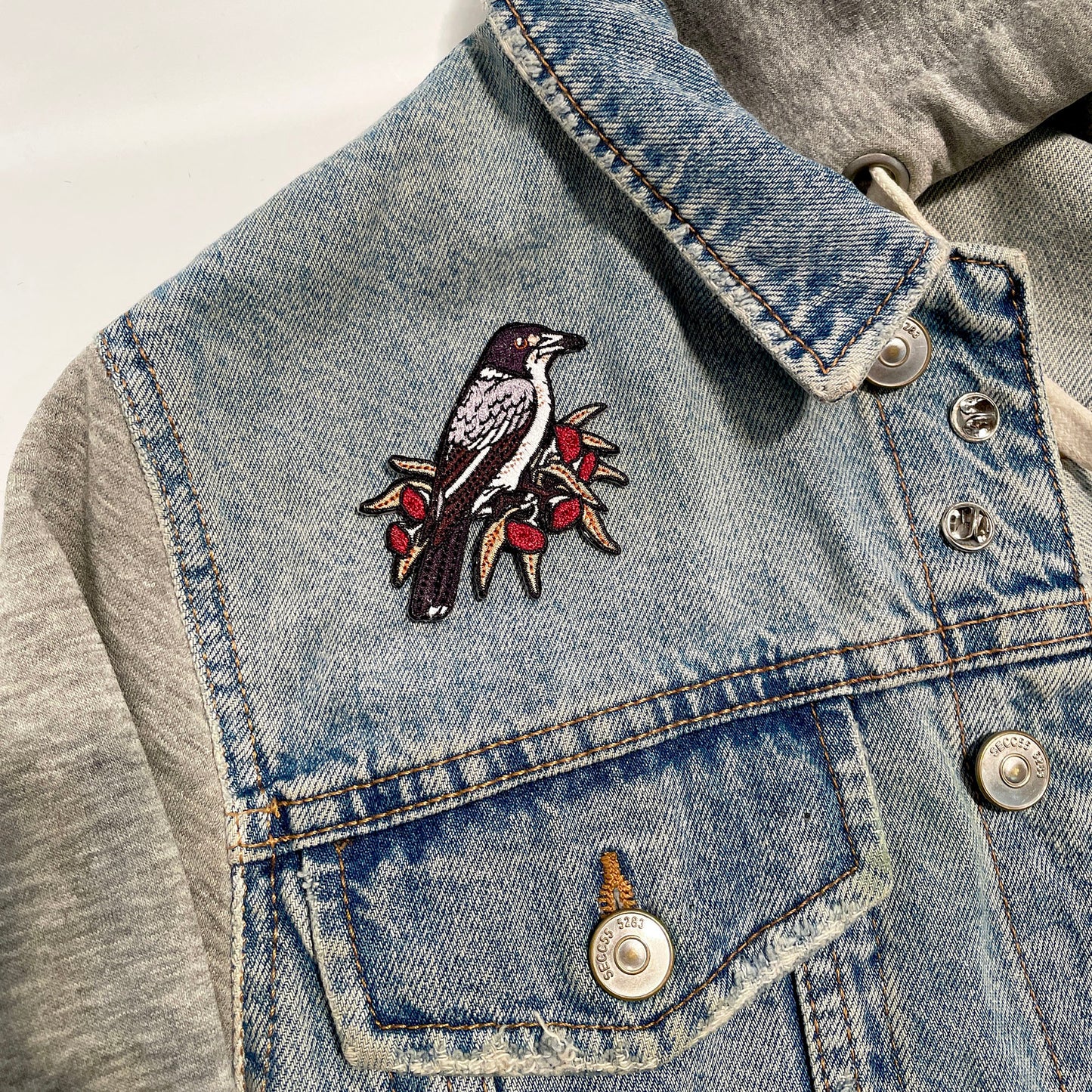 Grey Butcherbird Embroided Iron on Patch