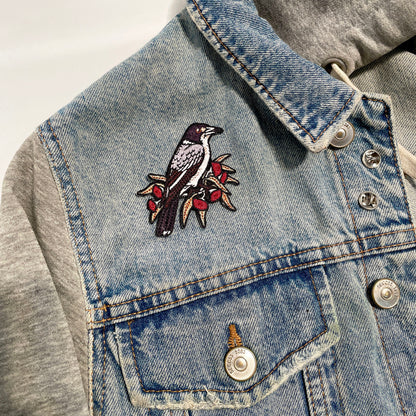 Grey Butcherbird Embroided Iron on Patch