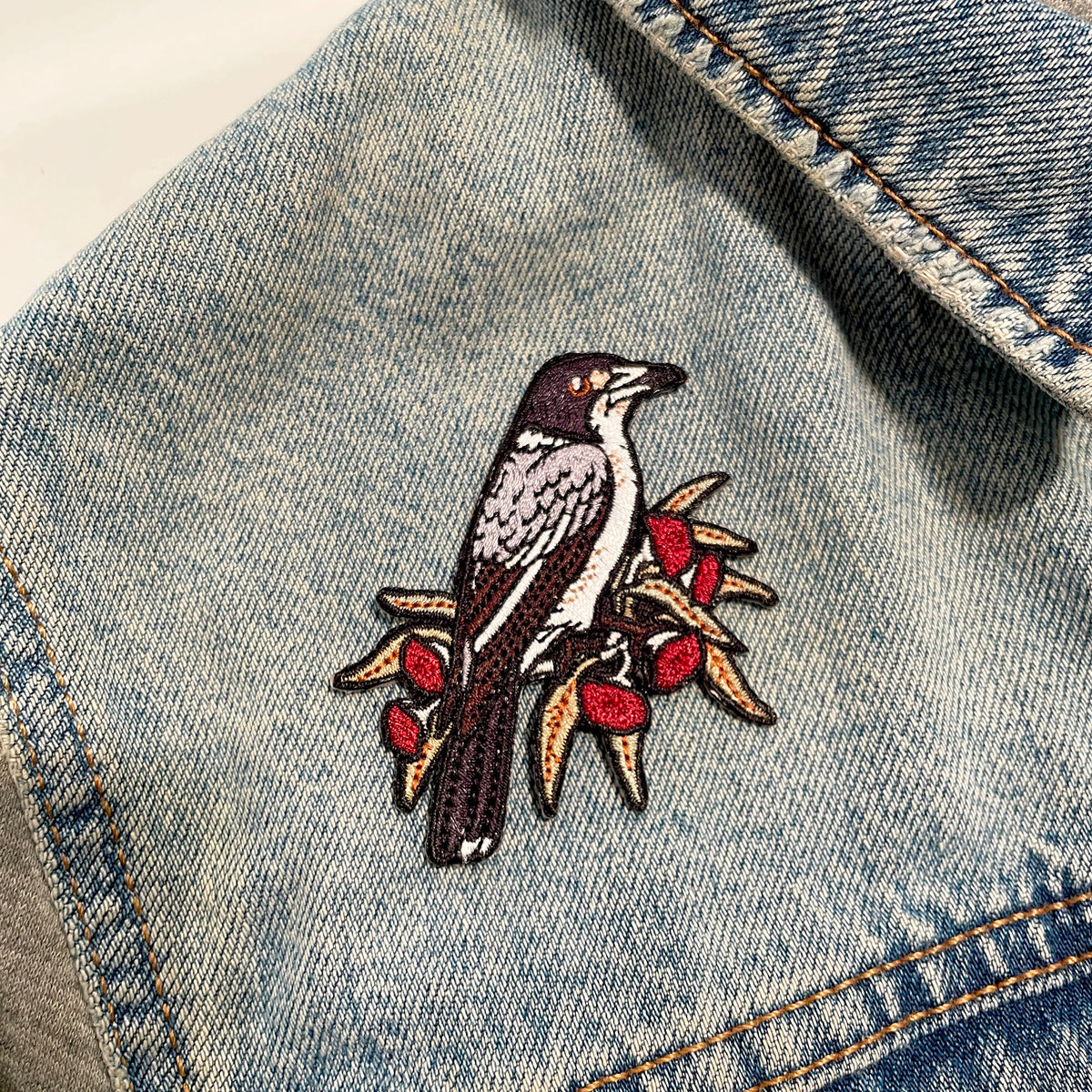 Grey Butcherbird Embroided Iron on Patch