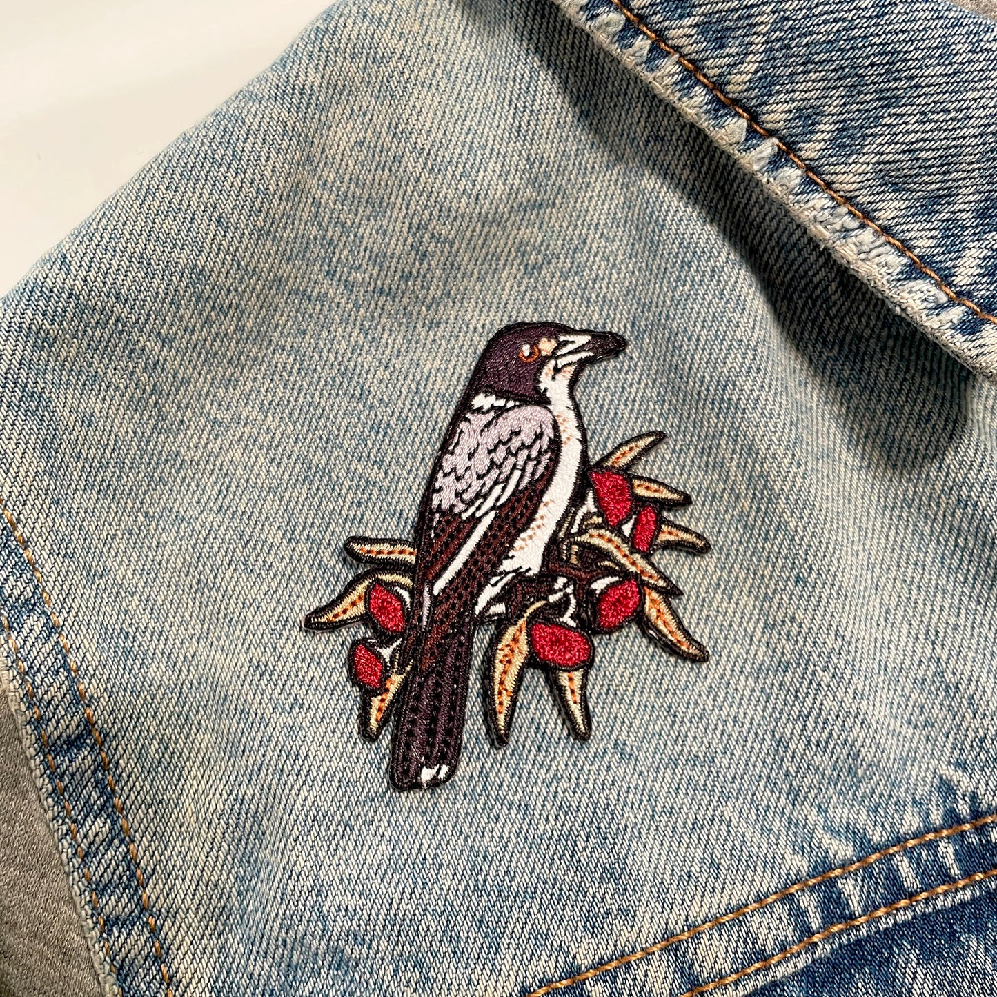 Grey Butcherbird Embroided Iron on Patch