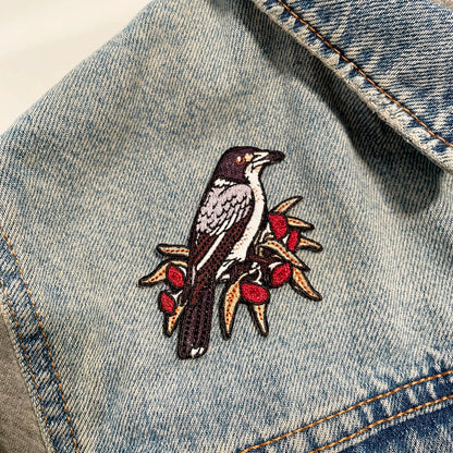 Grey Butcherbird Embroided Iron on Patch