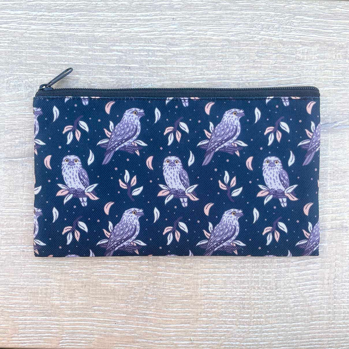Tawny Frogmouth night sky pattern pencil case on navy fabric with black zip