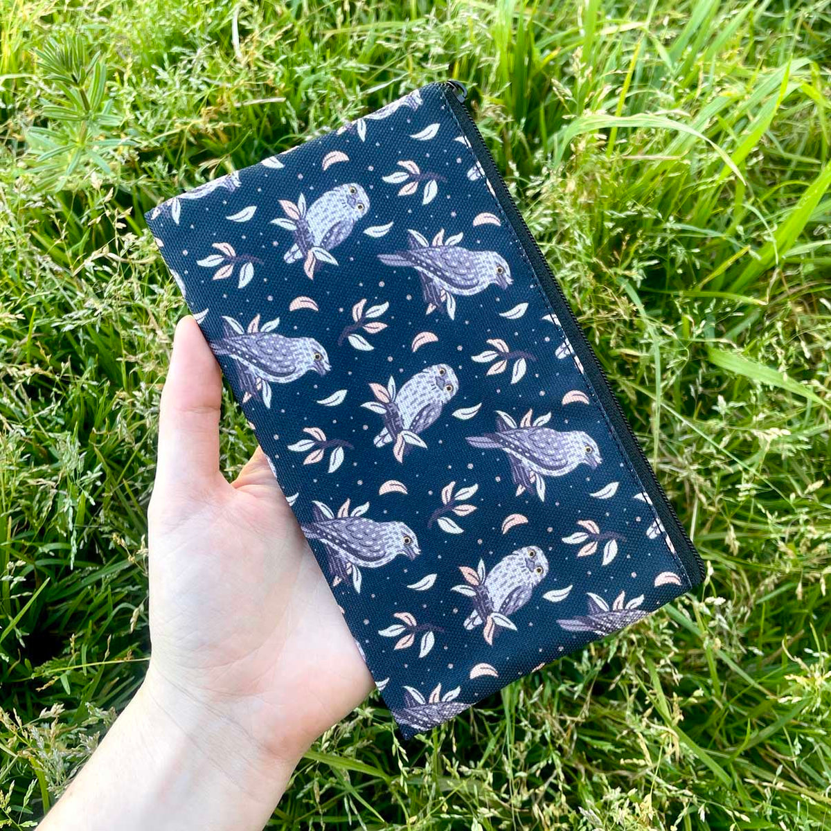 Tawny Frogmouth night sky pattern pencil case on navy fabric with black zip