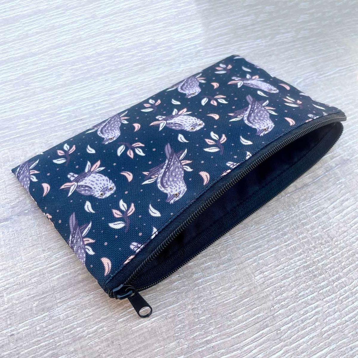 Tawny Frogmouth night sky pattern pencil case on navy fabric with black zip