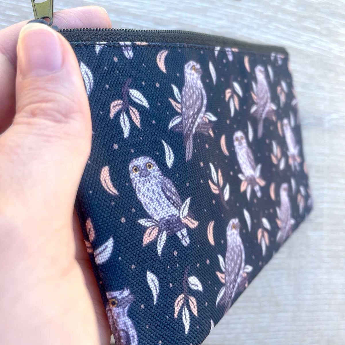 Tawny Frogmouth night sky pattern pencil case on navy fabric with black zip