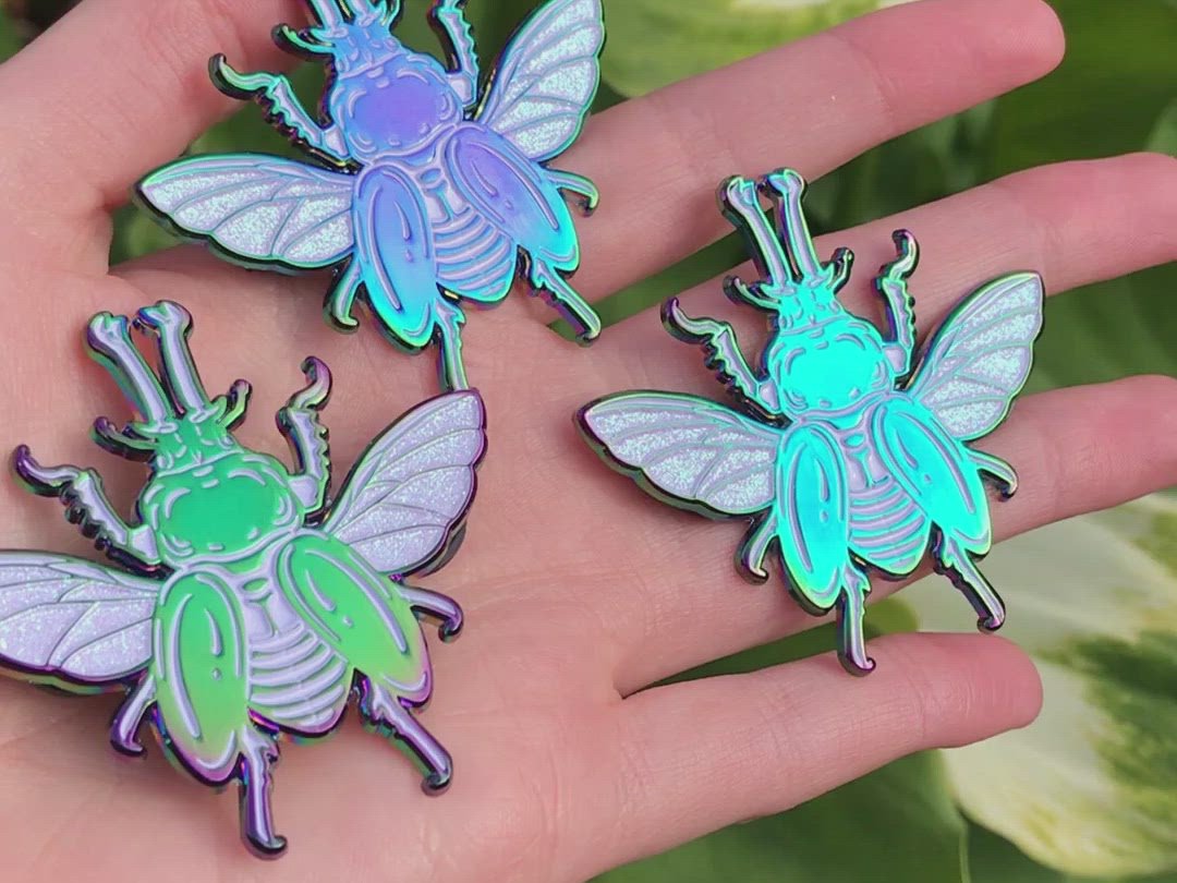 Rainbow Stag Beetle White Enamel Pin