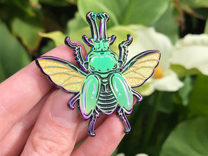 Rainbow Stag Beetle Black Enamel Pin