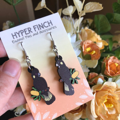 Yellow-tailed Black Cockatoo Wooden Earrings