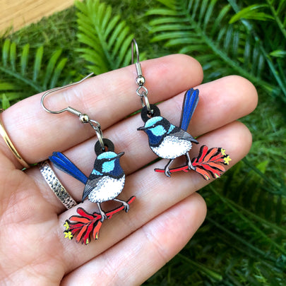 Superb Fairywren Wooden Earrings