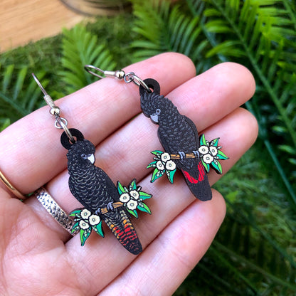 Red-tailed Black Cockatoo Wooden Earrings