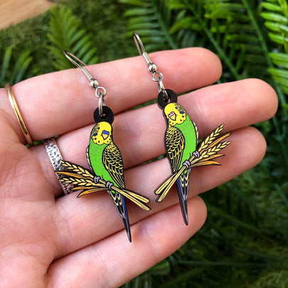 Wild Budgie Wooden Earrings